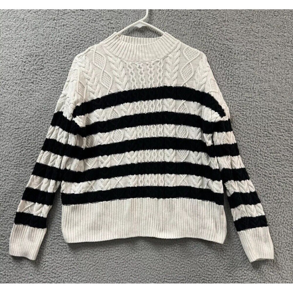 Tahari Sweater Women’s M White Black Striped Cotton Knit Pullover